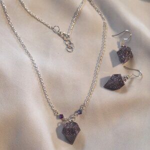 Artisan Handmade Resin Holographic Purple Gem Shape Necklace Earring Jewelry Set